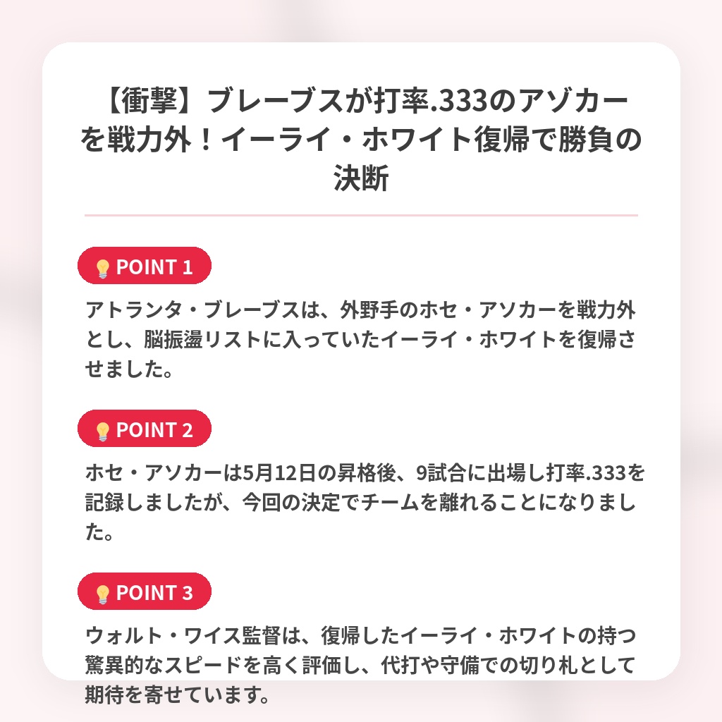 【衝撃】ブレーブスが打率.333のアゾカーを戦力外！イーライ・ホワイト復帰で勝負の決断の注目ポイントまとめ
