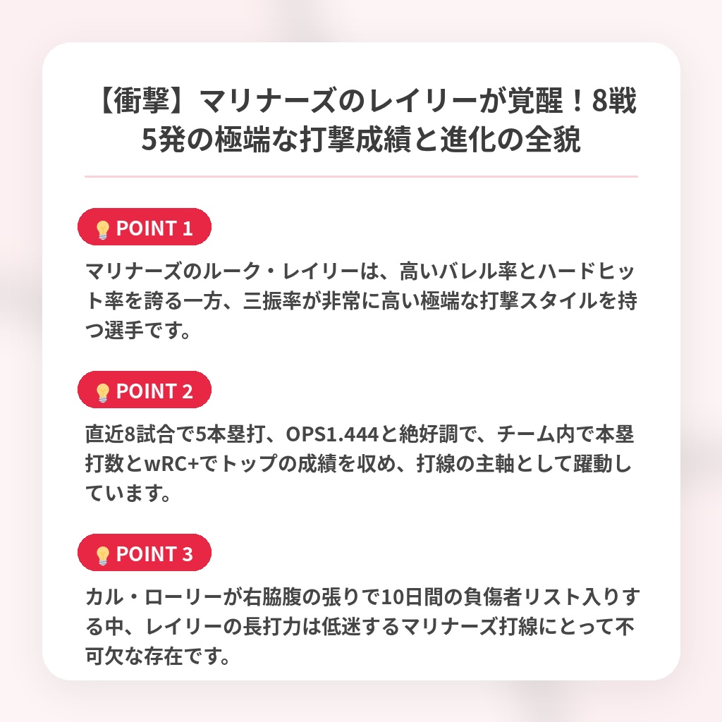 【衝撃】マリナーズのレイリーが覚醒！8戦5発の極端な打撃成績と進化の全貌の注目ポイントまとめ