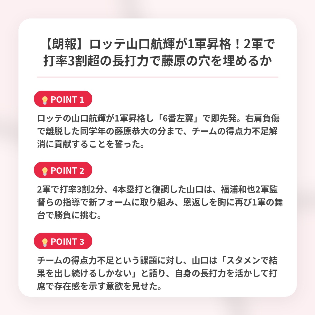 【朗報】ロッテ山口航輝が1軍昇格！2軍で打率3割超の長打力で藤原の穴を埋めるかの注目ポイントまとめ
