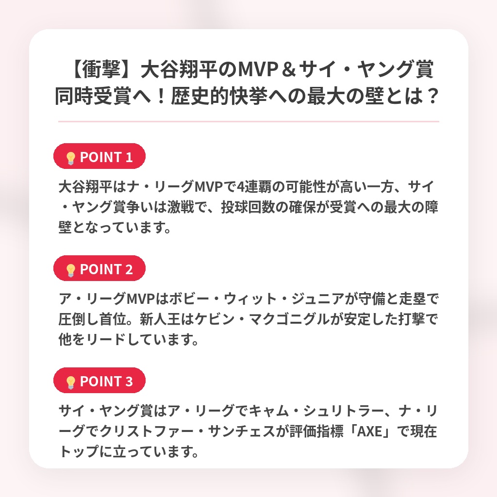 【衝撃】大谷翔平のMVP&サイ・ヤング賞同時受賞へ!歴史的快挙への最大の壁とは?の注目ポイントまとめ