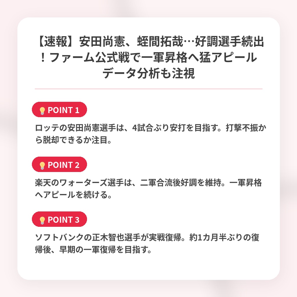 【速報】安田尚憲、蛭間拓哉…好調選手続出！ファーム公式戦で一軍昇格へ猛アピール データ分析も注視の注目ポイントまとめ