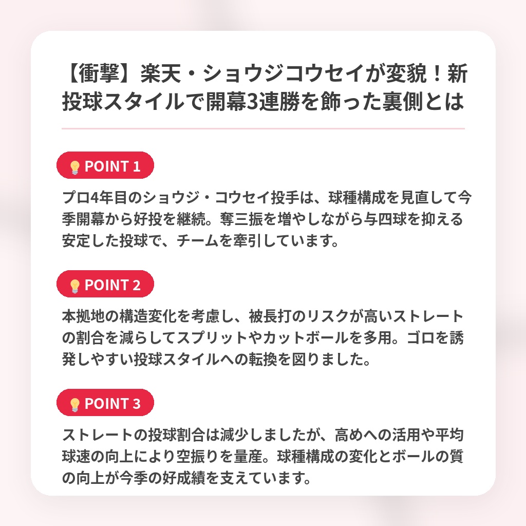 【衝撃】楽天・ショウジコウセイが変貌!新投球スタイルで開幕3連勝を飾った裏側とはの注目ポイントまとめ