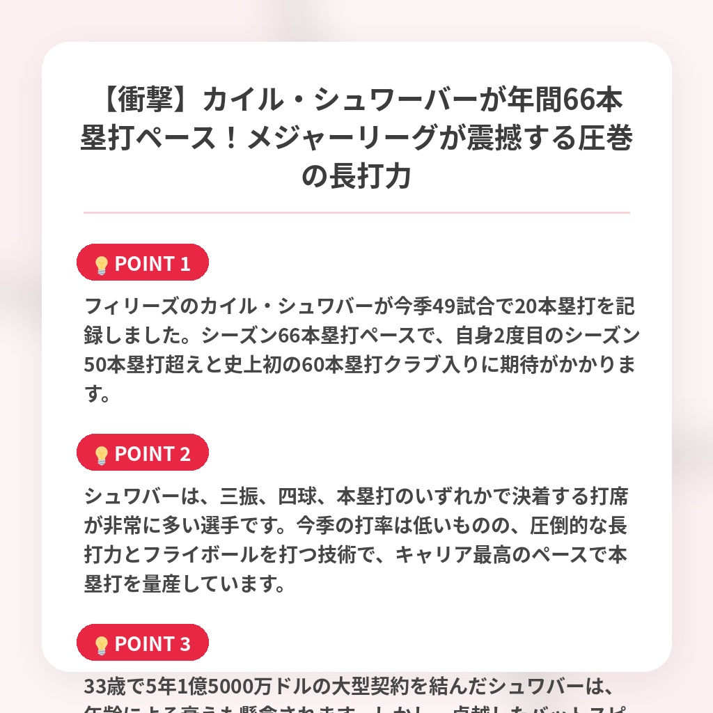 【衝撃】カイル・シュワーバーが年間66本塁打ペース！メジャーリーグが震撼する圧巻の長打力の注目ポイントまとめ