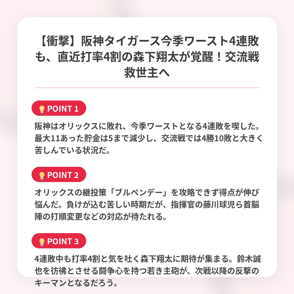 【衝撃】阪神タイガース今季ワースト4連敗も、直近打率4割の森下翔太が覚醒!交流戦救世主への注目ポイントまとめ