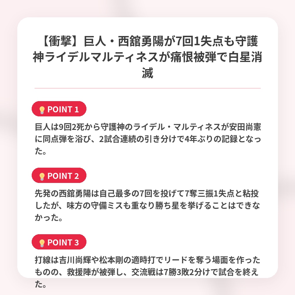 【衝撃】巨人・西舘勇陽が7回1失点も守護神ライデルマルティネスが痛恨被弾で白星消滅の注目ポイントまとめ