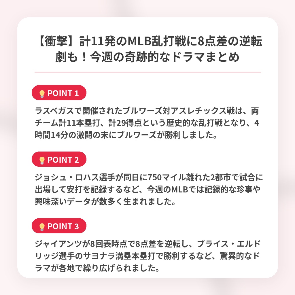【衝撃】計11発のMLB乱打戦に8点差の逆転劇も！今週の奇跡的なドラマまとめの注目ポイントまとめ