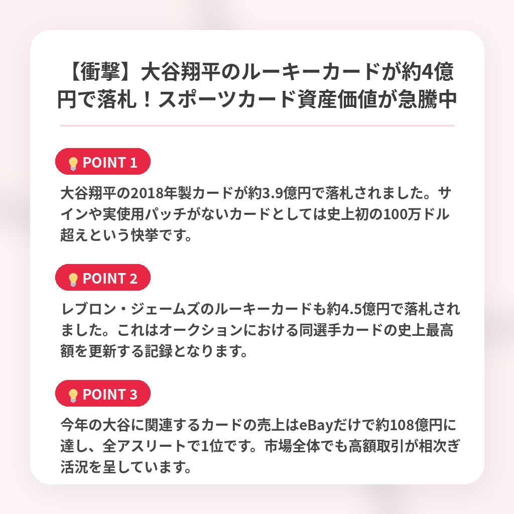 【衝撃】大谷翔平のルーキーカードが約4億円で落札！スポーツカード資産価値が急騰中の注目ポイントまとめ