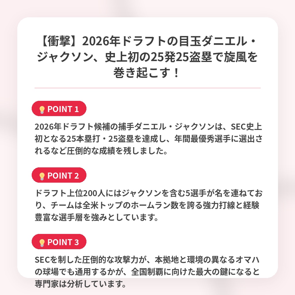 【衝撃】2026年ドラフトの目玉ダニエル・ジャクソン、史上初の25発25盗塁で旋風を巻き起こす!の注目ポイントまとめ