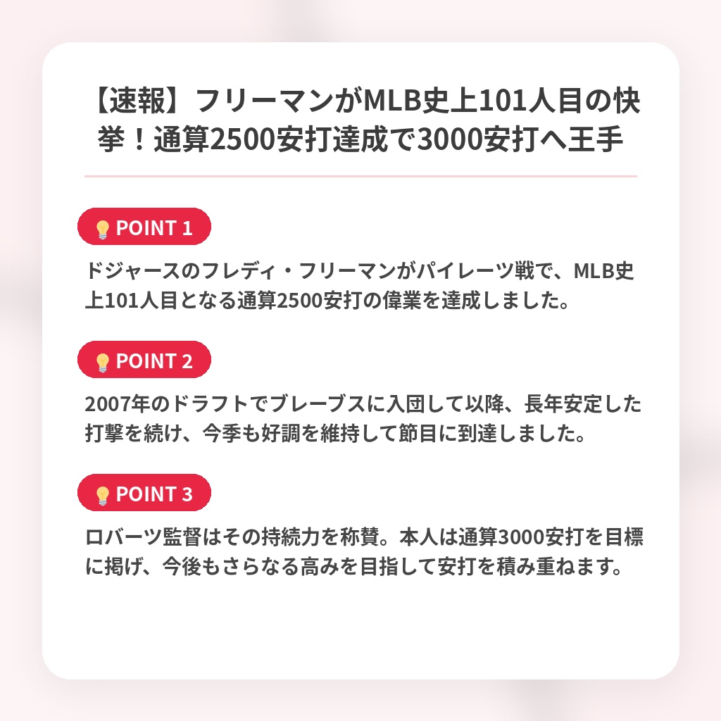 【速報】フリーマンがMLB史上101人目の快挙！通算2500安打達成で3000安打へ王手の注目ポイントまとめ