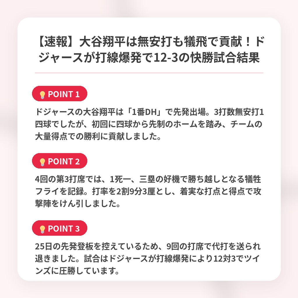 【速報】大谷翔平は無安打も犠飛で貢献！ドジャースが打線爆発で12-3の快勝試合結果の注目ポイントまとめ