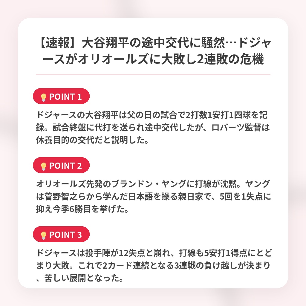 【速報】大谷翔平の途中交代に騒然…ドジャースがオリオールズに大敗し2連敗の危機の注目ポイントまとめ