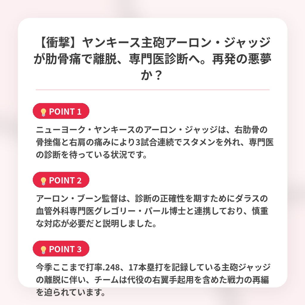 【衝撃】ヤンキース主砲アーロン・ジャッジが肋骨痛で離脱、専門医診断へ。再発の悪夢か？の注目ポイントまとめ