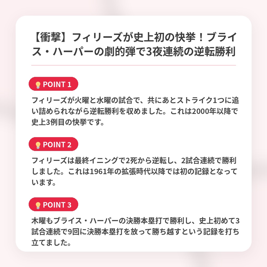 【衝撃】フィリーズが史上初の快挙！ブライス・ハーパーの劇的弾で3夜連続の逆転勝利の注目ポイントまとめ
