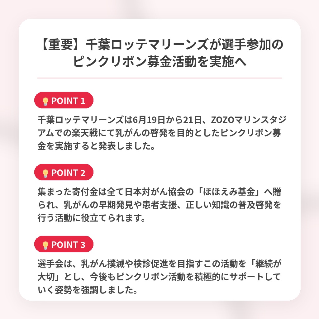 【重要】千葉ロッテマリーンズが選手参加のピンクリボン募金活動を実施への注目ポイントまとめ