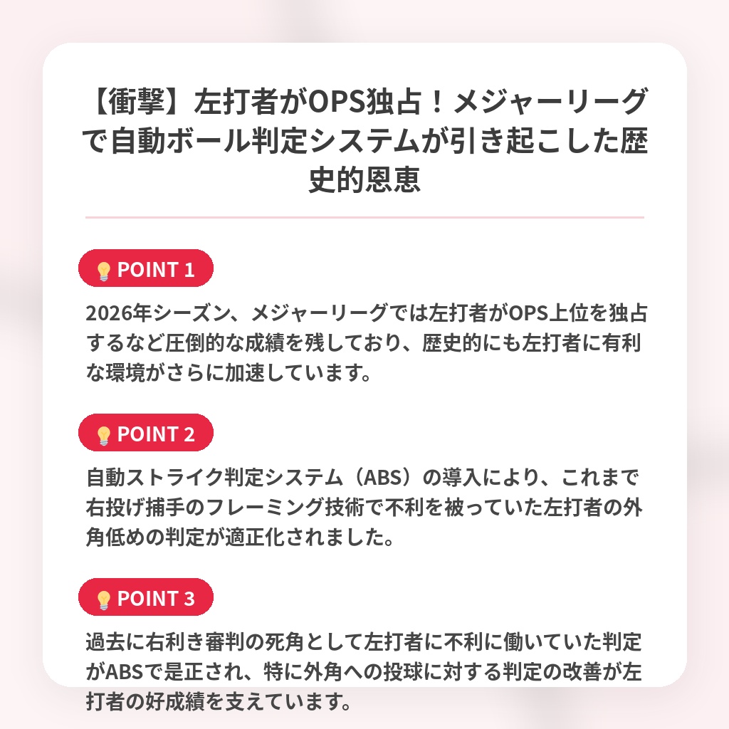【衝撃】左打者がOPS独占!メジャーリーグで自動ボール判定システムが引き起こした歴史的恩恵の注目ポイントまとめ