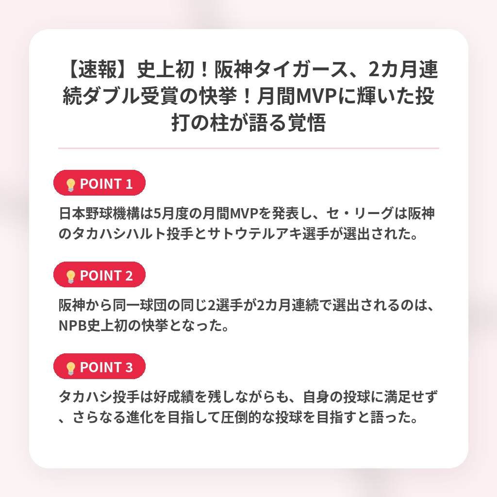 【速報】史上初！阪神タイガース、2カ月連続ダブル受賞の快挙！月間MVPに輝いた投打の柱が語る覚悟の注目ポイントまとめ