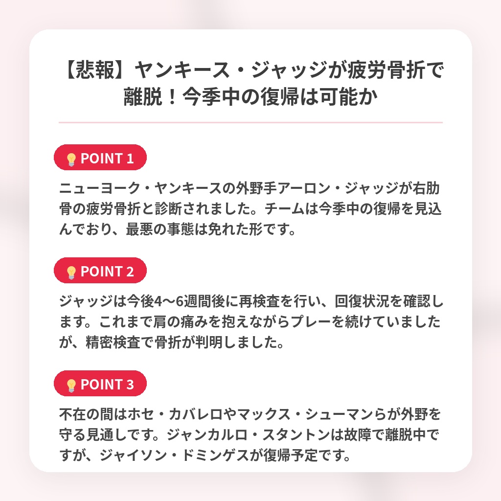 【悲報】ヤンキース・ジャッジが疲労骨折で離脱！今季中の復帰は可能かの注目ポイントまとめ