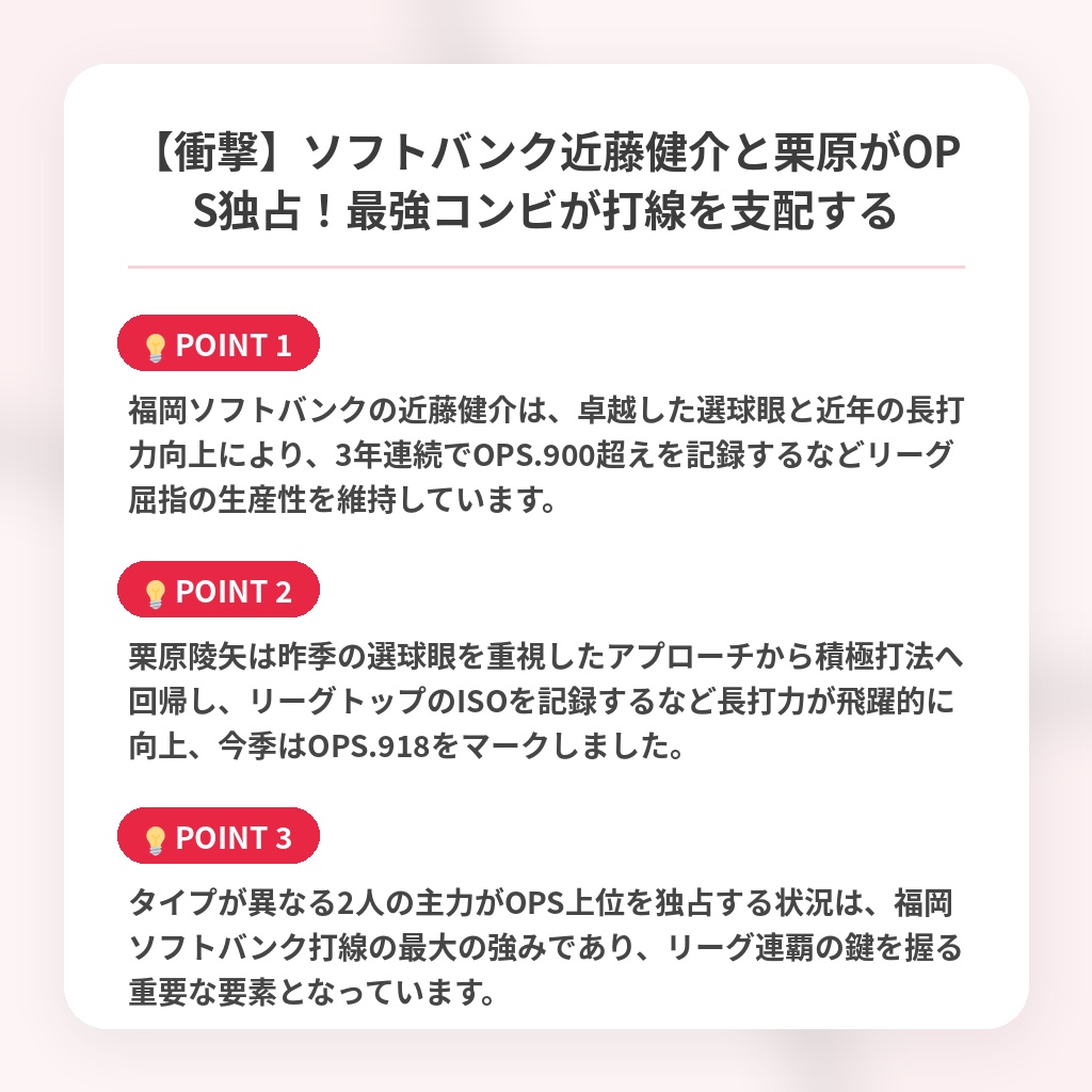 【衝撃】ソフトバンク近藤健介と栗原がOPS独占!最強コンビが打線を支配するの注目ポイントまとめ
