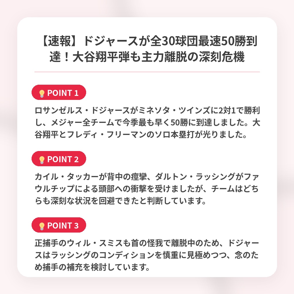 【速報】ドジャースが全30球団最速50勝到達！大谷翔平弾も主力離脱の深刻危機の注目ポイントまとめ