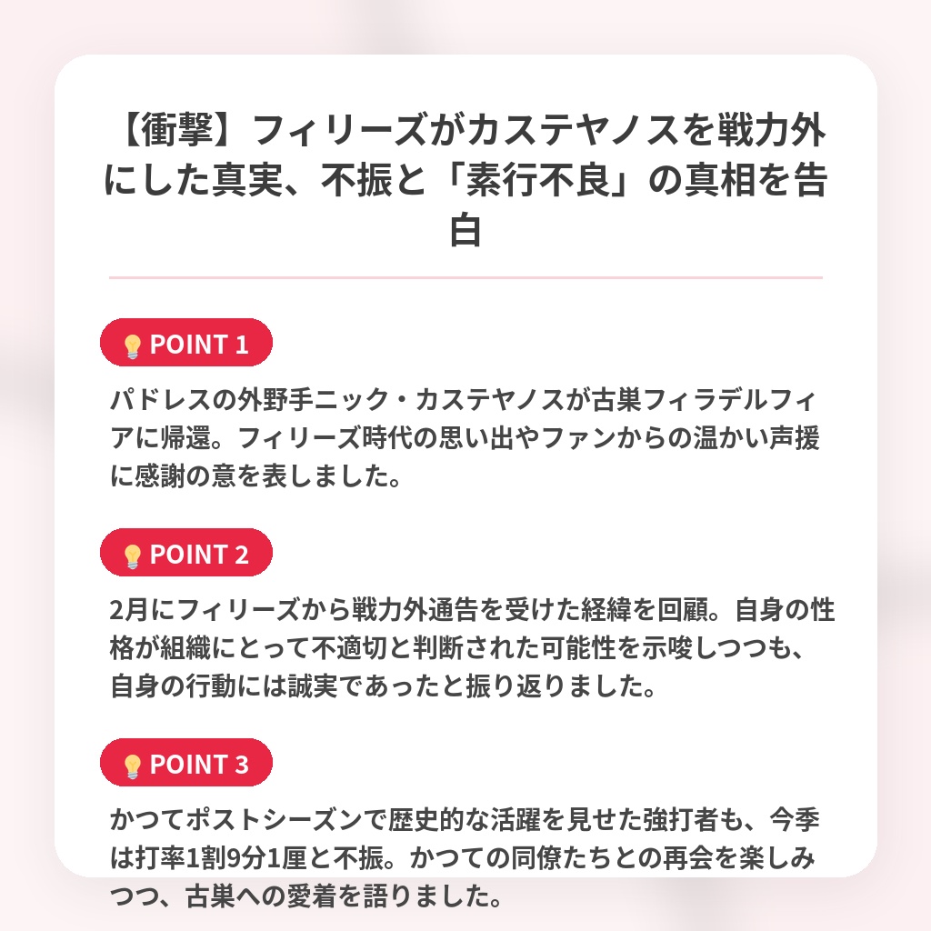 【衝撃】フィリーズがカステヤノスを戦力外にした真実、不振と「素行不良」の真相を告白の注目ポイントまとめ