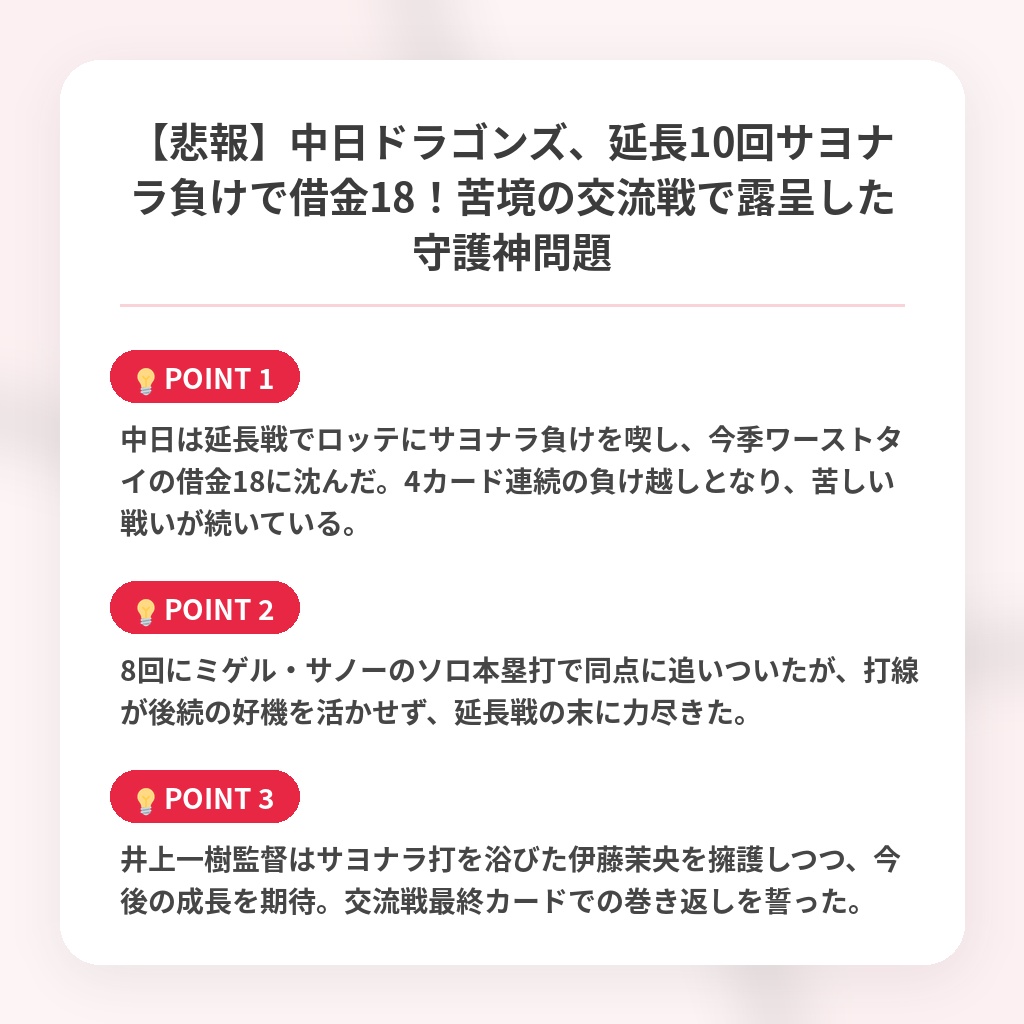 【悲報】中日ドラゴンズ、延長10回サヨナラ負けで借金18!苦境の交流戦で露呈した守護神問題の注目ポイントまとめ