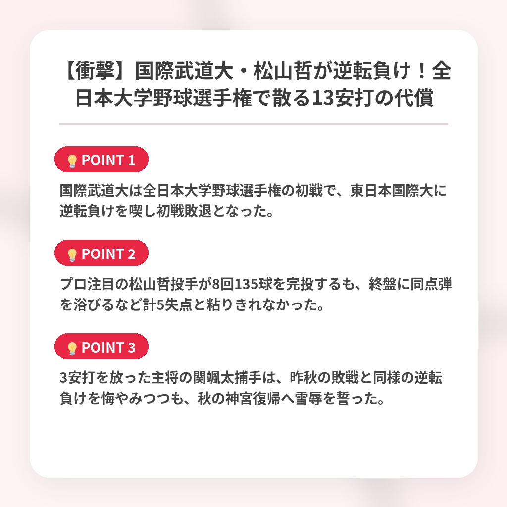 【衝撃】国際武道大・松山哲が逆転負け！全日本大学野球選手権で散る13安打の代償の注目ポイントまとめ