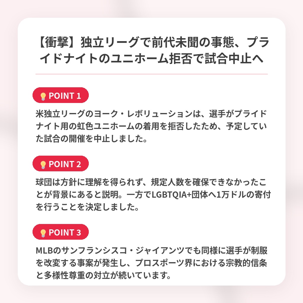 【衝撃】独立リーグで前代未聞の事態、プライドナイトのユニホーム拒否で試合中止への注目ポイントまとめ