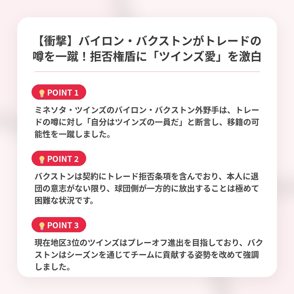【衝撃】バイロン・バクストンがトレードの噂を一蹴！拒否権盾に「ツインズ愛」を激白の注目ポイントまとめ