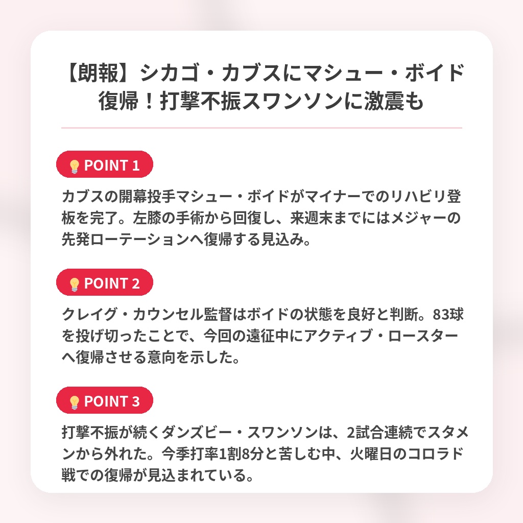 【朗報】シカゴ・カブスにマシュー・ボイド復帰！打撃不振スワンソンに激震もの注目ポイントまとめ