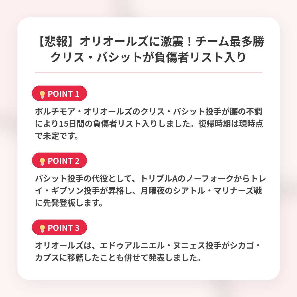 【悲報】オリオールズに激震！チーム最多勝クリス・バシットが負傷者リスト入りの注目ポイントまとめ
