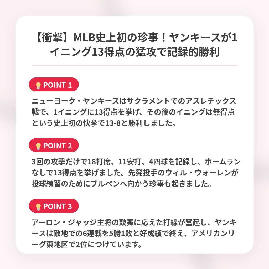 【衝撃】MLB史上初の珍事!ヤンキースが1イニング13得点の猛攻で記録的勝利の注目ポイントまとめ