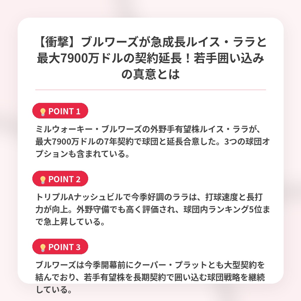 【衝撃】ブルワーズが急成長ルイス・ララと最大7900万ドルの契約延長！若手囲い込みの真意とはの注目ポイントまとめ