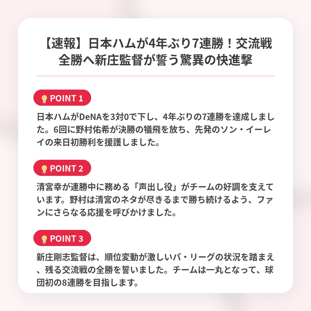 【速報】日本ハムが4年ぶり7連勝！交流戦全勝へ新庄監督が誓う驚異の快進撃の注目ポイントまとめ