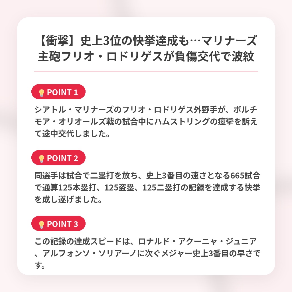 【衝撃】史上3位の快挙達成も…マリナーズ主砲フリオ・ロドリゲスが負傷交代で波紋の注目ポイントまとめ