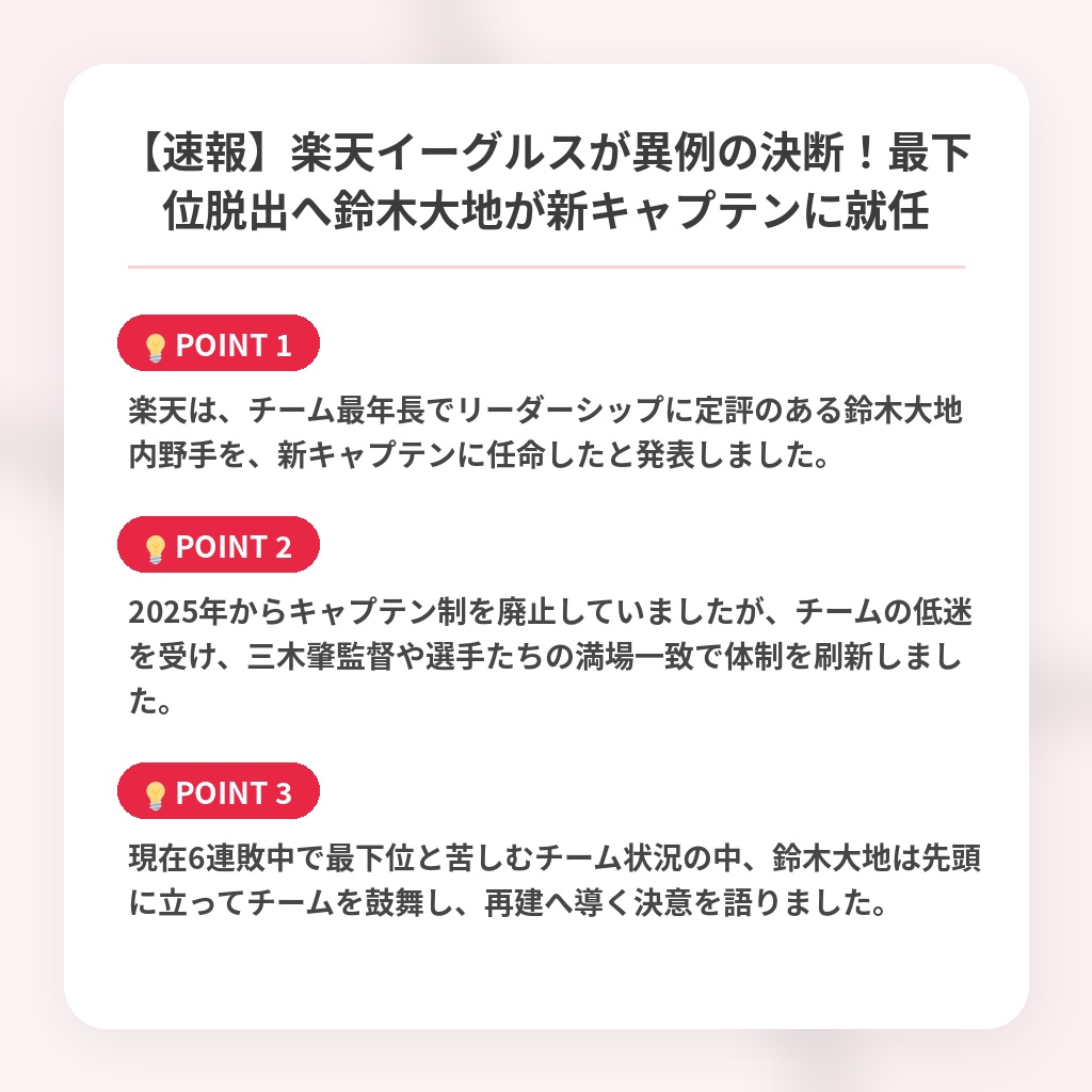 【速報】楽天イーグルスが異例の決断！最下位脱出へ鈴木大地が新キャプテンに就任の注目ポイントまとめ