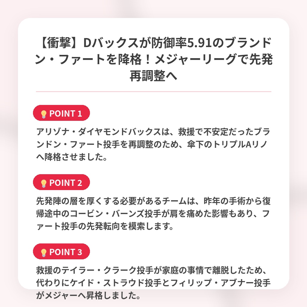 【衝撃】Dバックスが防御率5.91のブランドン・ファートを降格！メジャーリーグで先発再調整への注目ポイントまとめ