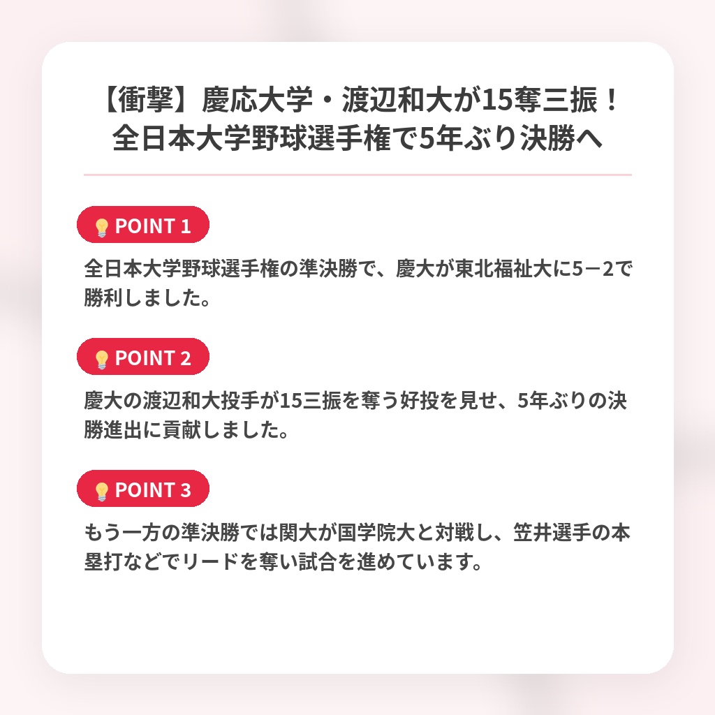 【衝撃】慶応大学・渡辺和大が15奪三振!全日本大学野球選手権で5年ぶり決勝への注目ポイントまとめ