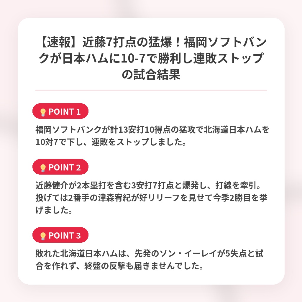 【速報】近藤7打点の猛爆！福岡ソフトバンクが日本ハムに10-7で勝利し連敗ストップの試合結果の注目ポイントまとめ