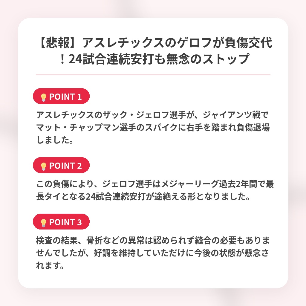 【悲報】アスレチックスのゲロフが負傷交代！24試合連続安打も無念のストップの注目ポイントまとめ