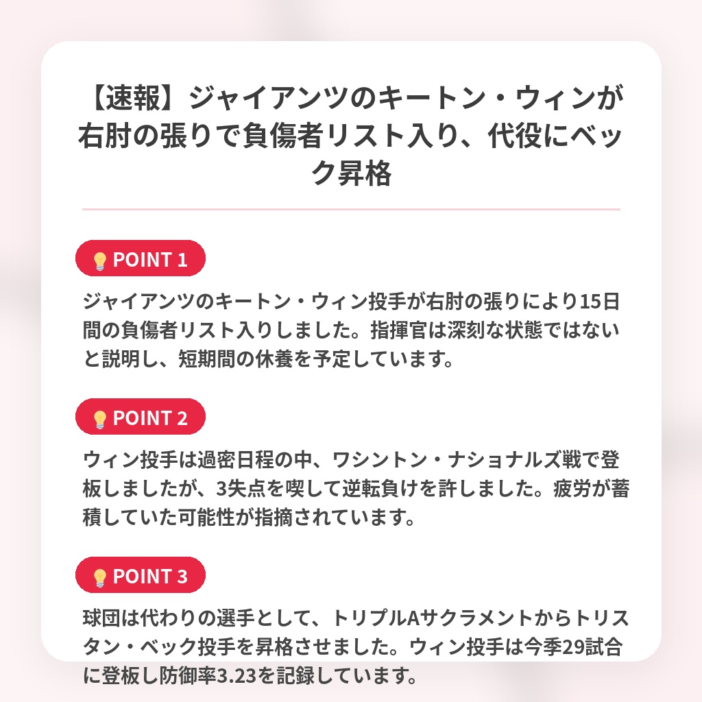 【速報】ジャイアンツのキートン・ウィンが右肘の張りで負傷者リスト入り、代役にベック昇格の注目ポイントまとめ