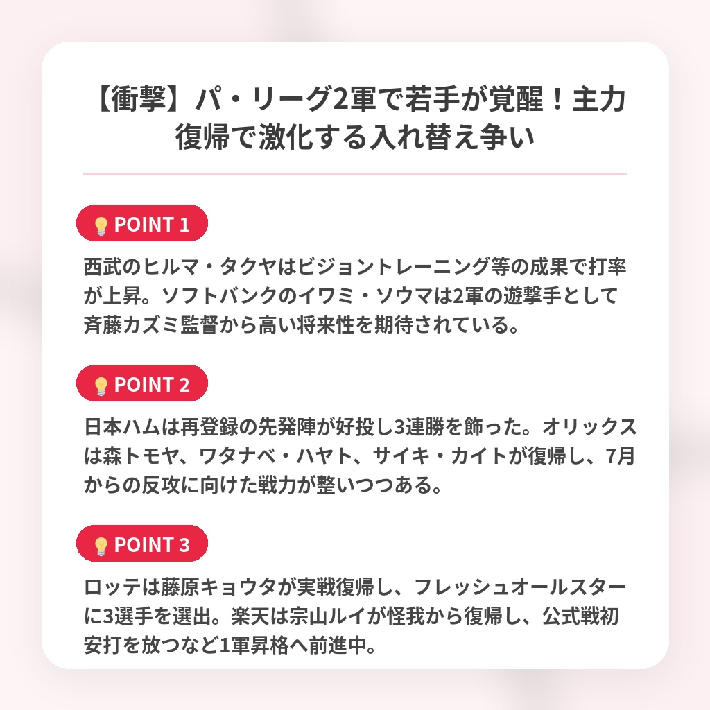 【衝撃】パ・リーグ2軍で若手が覚醒！主力復帰で激化する入れ替え争いの注目ポイントまとめ