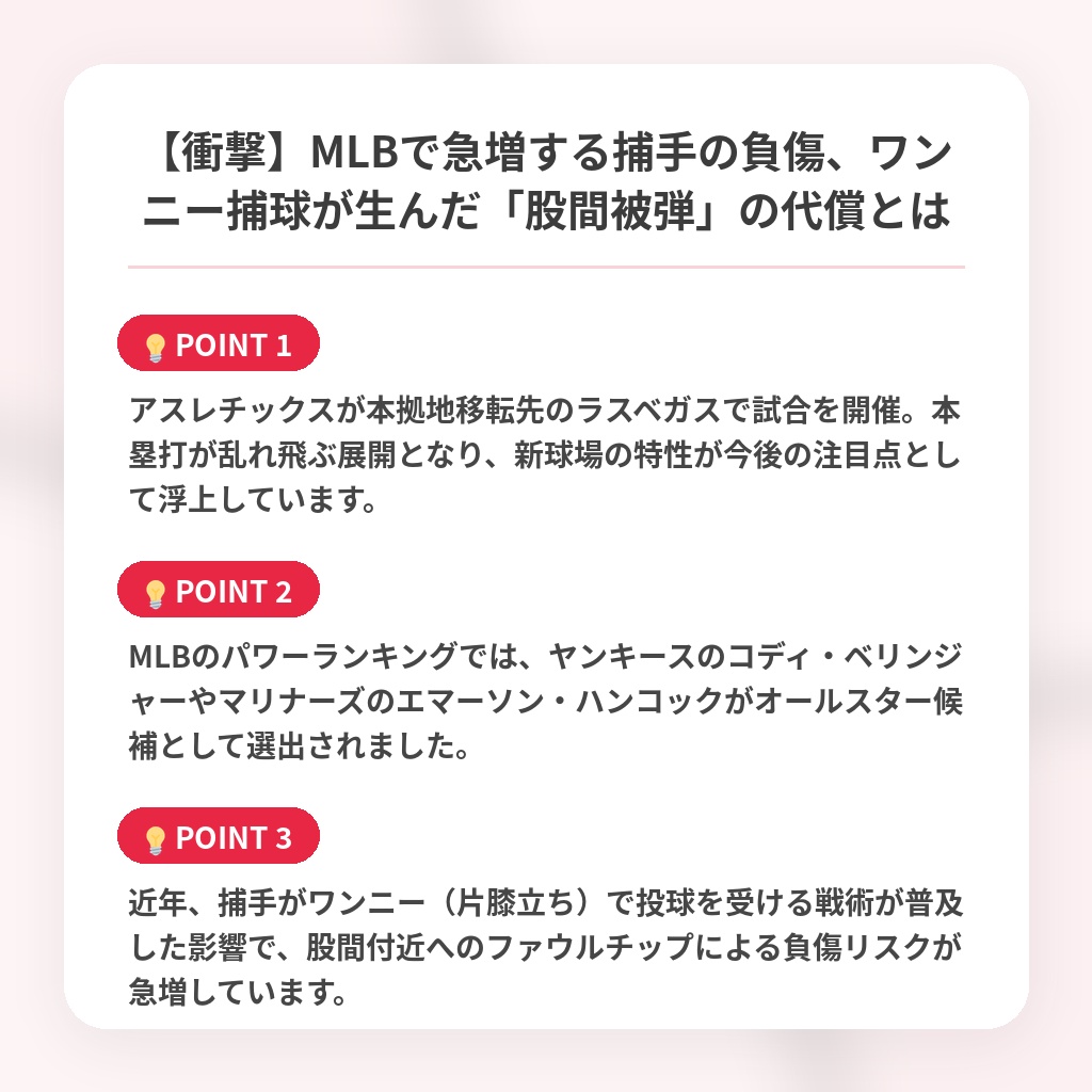 【衝撃】MLBで急増する捕手の負傷、ワンニー捕球が生んだ「股間被弾」の代償とはの注目ポイントまとめ