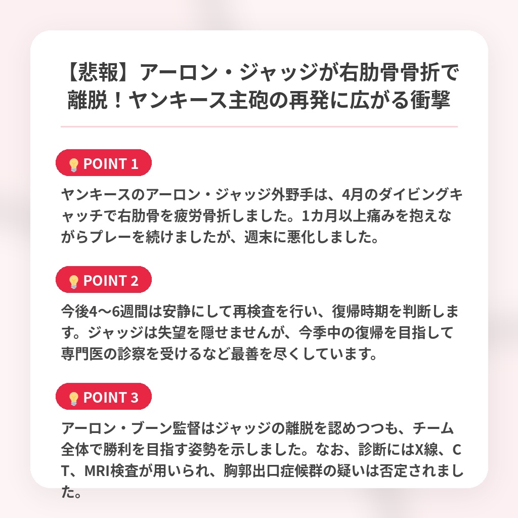 【悲報】アーロン・ジャッジが右肋骨骨折で離脱！ヤンキース主砲の再発に広がる衝撃の注目ポイントまとめ