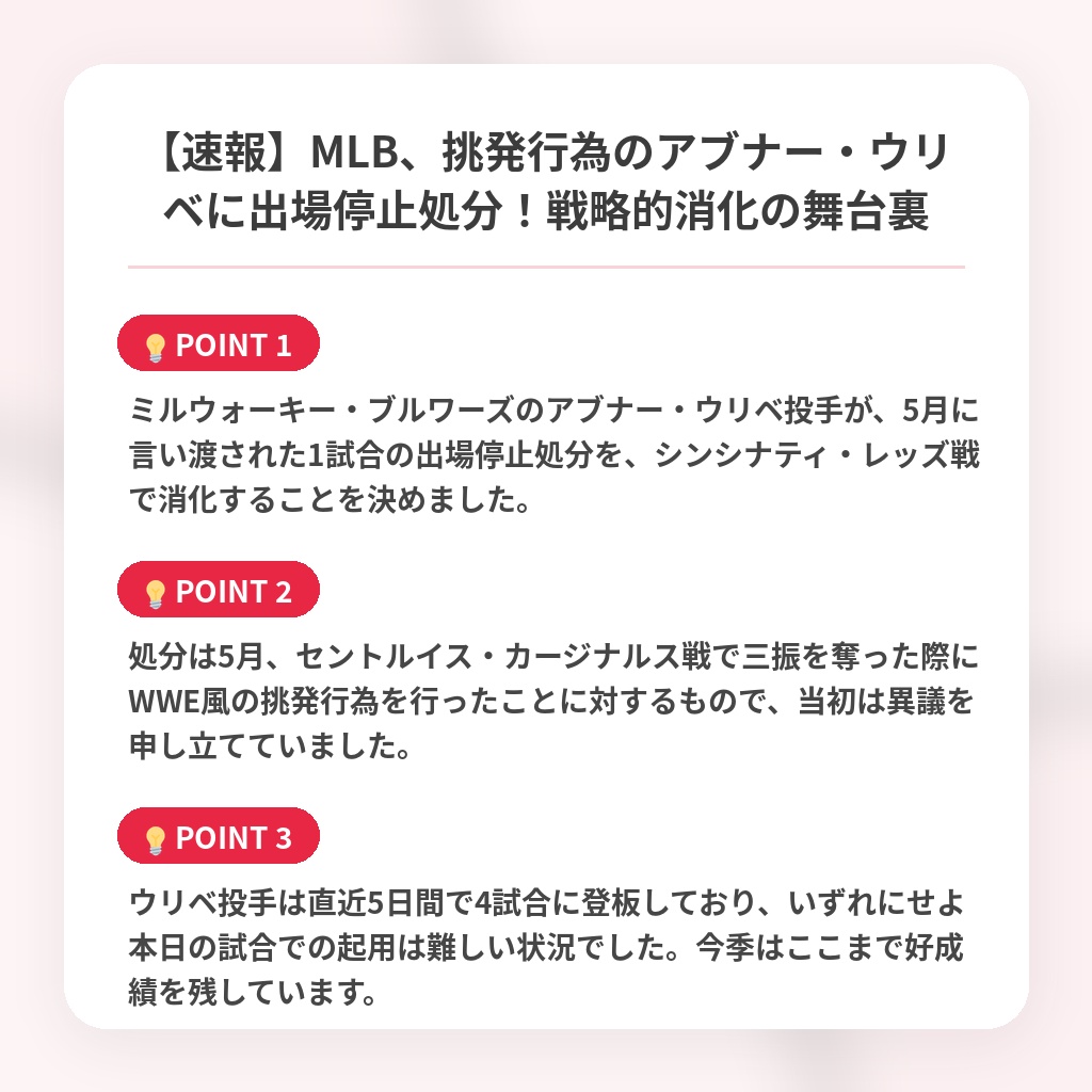 【速報】MLB、挑発行為のアブナー・ウリベに出場停止処分！戦略的消化の舞台裏の注目ポイントまとめ