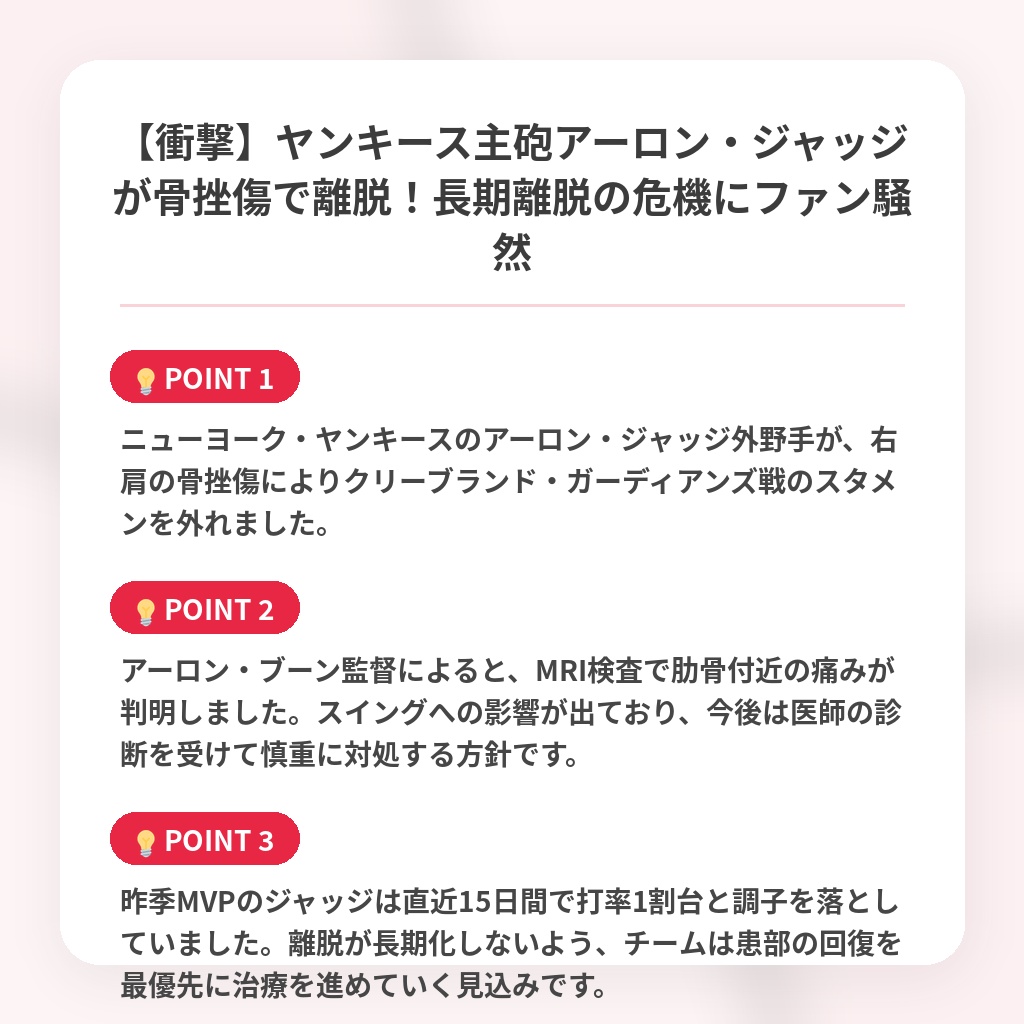 【衝撃】ヤンキース主砲アーロン・ジャッジが骨挫傷で離脱！長期離脱の危機にファン騒然の注目ポイントまとめ