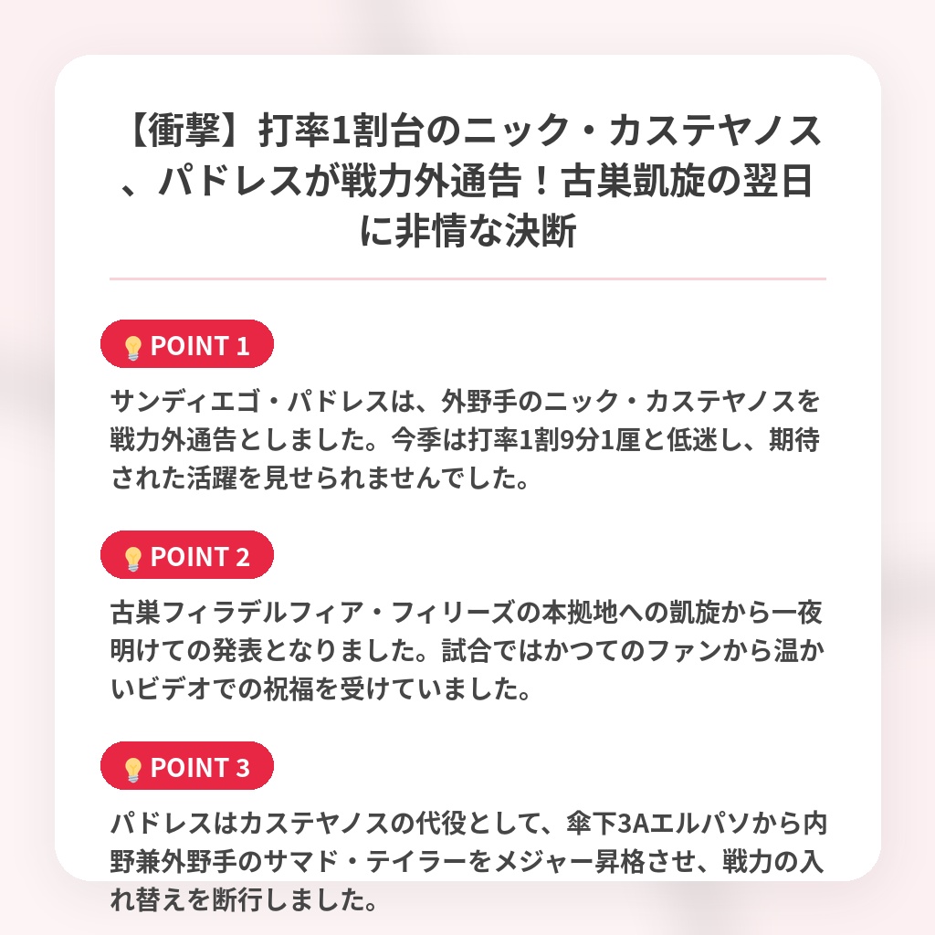 【衝撃】打率1割台のニック・カステヤノス、パドレスが戦力外通告！古巣凱旋の翌日に非情な決断の注目ポイントまとめ
