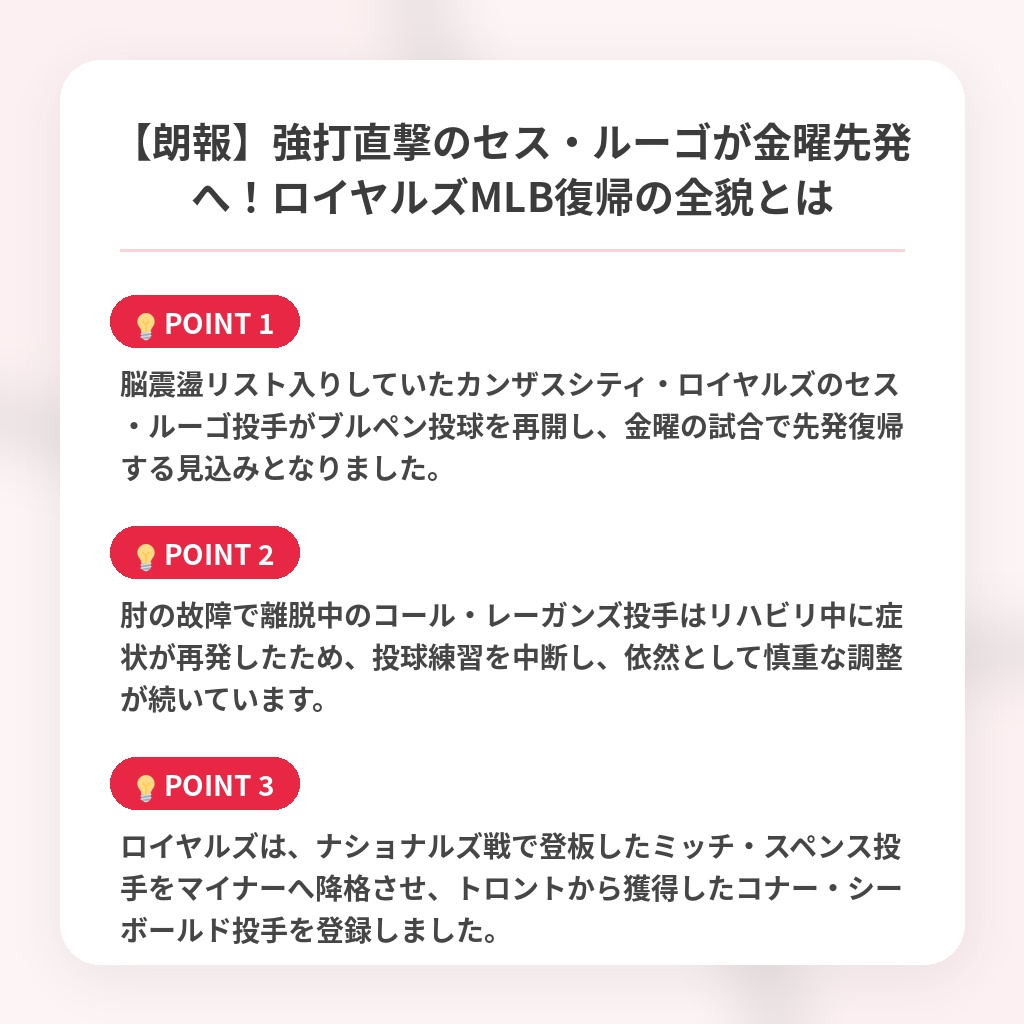 【朗報】強打直撃のセス・ルーゴが金曜先発へ！ロイヤルズMLB復帰の全貌とはの注目ポイントまとめ
