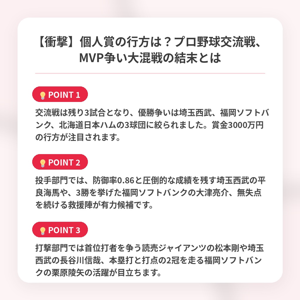 【衝撃】個人賞の行方は?プロ野球交流戦、MVP争い大混戦の結末とはの注目ポイントまとめ