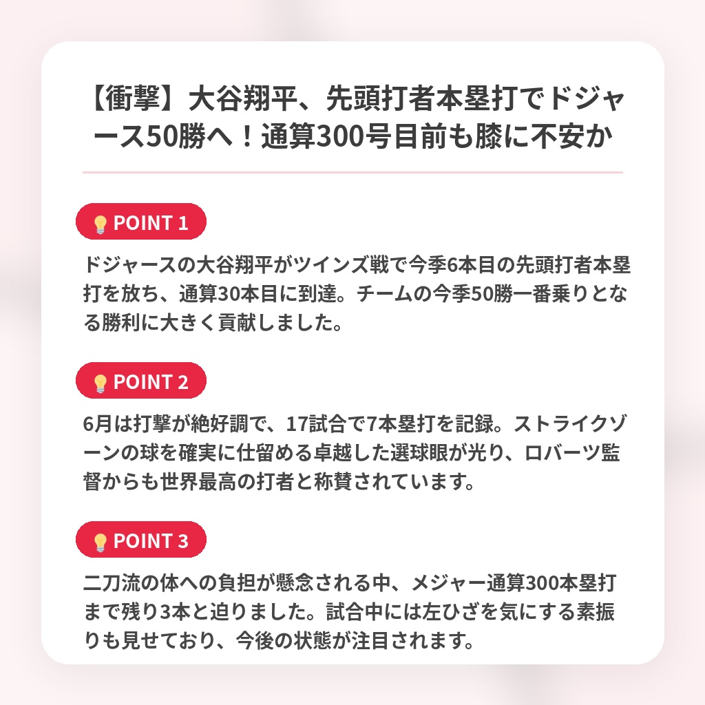 【衝撃】大谷翔平、先頭打者本塁打でドジャース50勝へ!通算300号目前も膝に不安かの注目ポイントまとめ