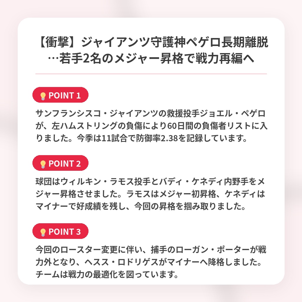 【衝撃】ジャイアンツ守護神ペゲロ長期離脱…若手2名のメジャー昇格で戦力再編への注目ポイントまとめ
